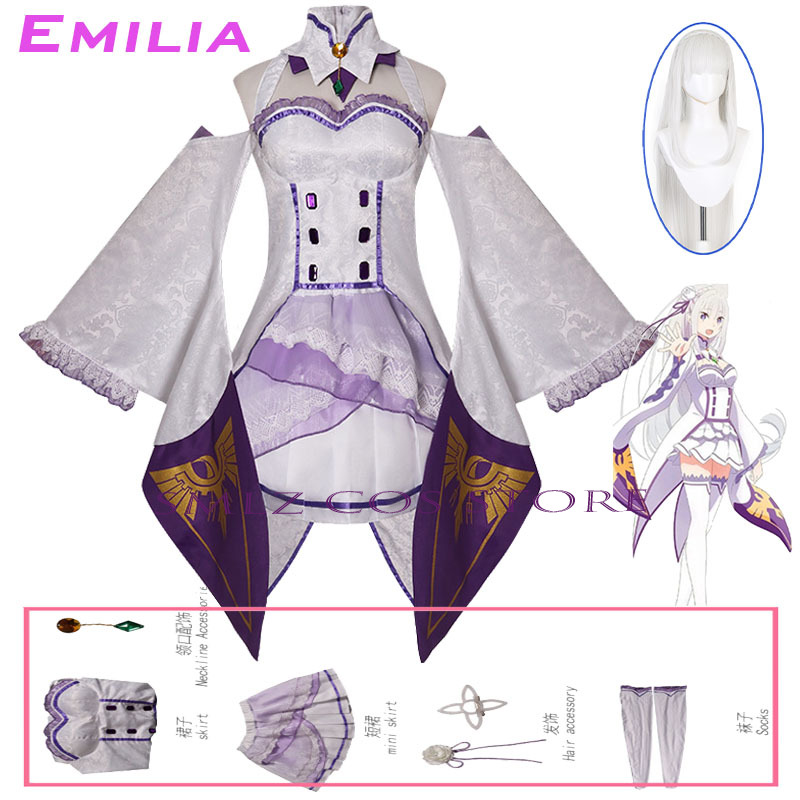 Anime Cosplay Dresses - エミリアコスプレアニメ再ゼロカラハジメル異世界生活衣装白制服ドレスウィッグセットハロウィンパーティー衣装女性用