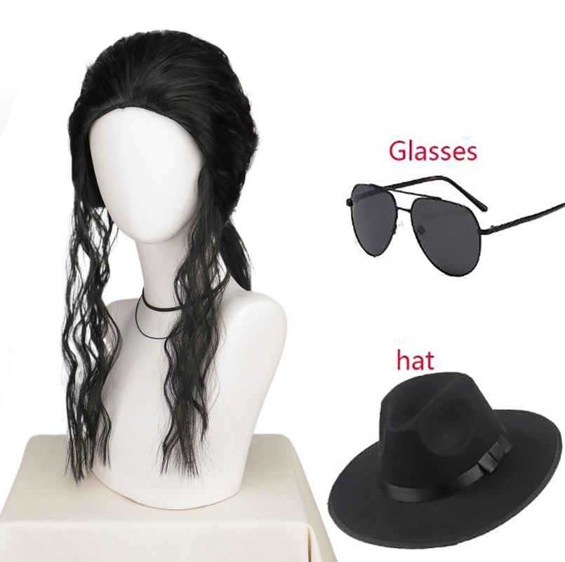 Anime Cosplay Long Black Hair - マイケル・ジャクソンコスプレウィッグまたはメガネ MJ ロングブラックカーリー合成ウィッグヘアヘッドウェアハロウィンコスプレウィッグアクセサリー小道具