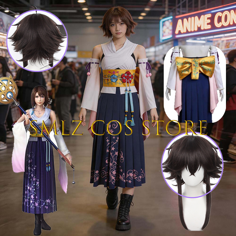 Anime Cosplay Dresses - Smlz FFX ユナコスプレアニメ FF10 X 衣装女性あなたナ着物ドレス小道具ウィッグセットハロウィンパーティー演劇衣装