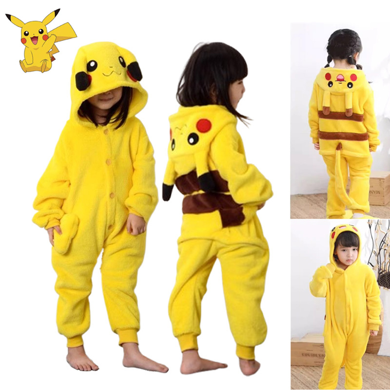 Anime Cosplay Pokemon - ポケモンピカチュウ暖かいフランネルホームウェアキッズ秋&冬ソフトカバーオールコスプレ動物パーカーパジャマ親子女の子パジャマ