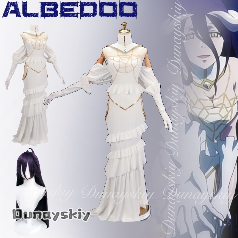 Anime Cosplay Albedo - {Dunayskiy States}アニメアルベドコスプレ衣装タイトフィットホワイトロングドレスウィッグフルセット女性コスチュームハロウィン