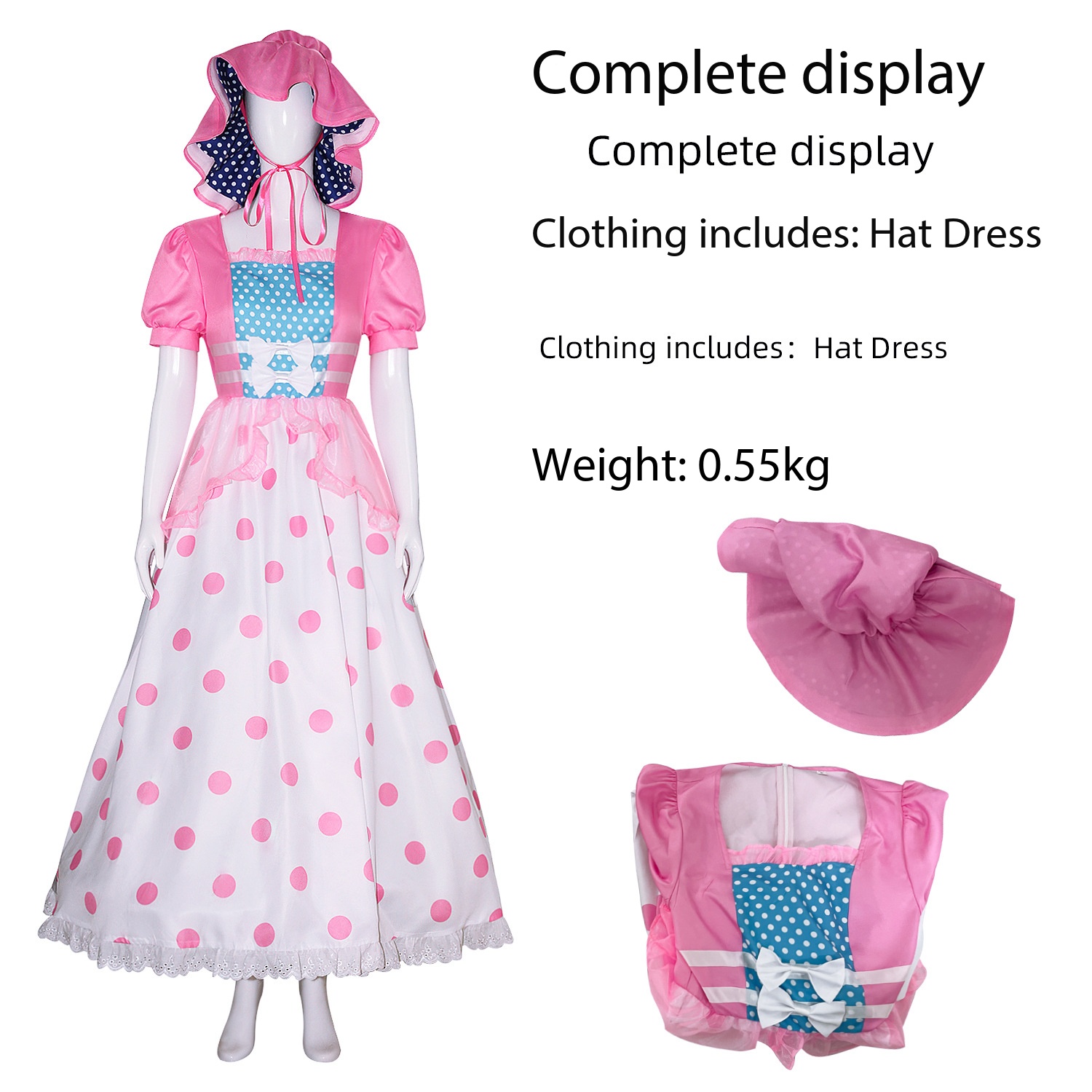 古典的なアニメキャラクター風のピンクと白の水玉模様のロングド - Anime Cosplay Simple のレビューと価格