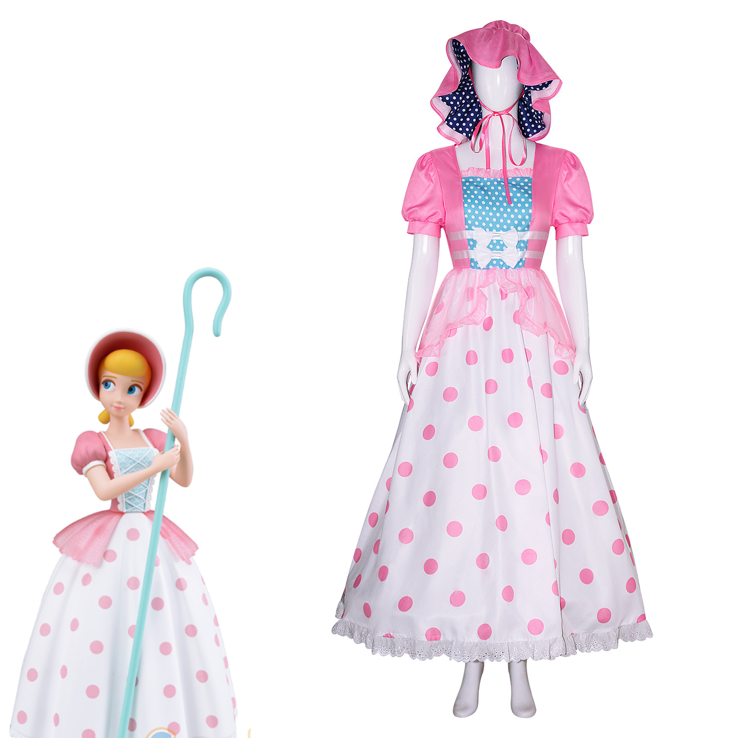 古典的なアニメキャラクター風のピンクと白の水玉模様のロングド - Anime Cosplay Simple のレビューと価格