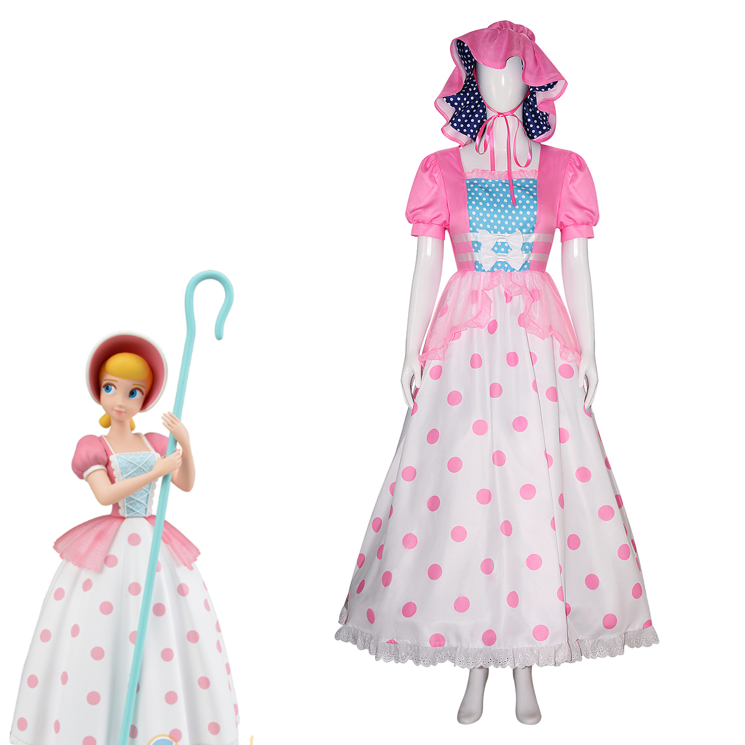 古典的なアニメキャラクター風のピンクと白の水玉模様のロングド - Anime Cosplay Simple のレビューと価格