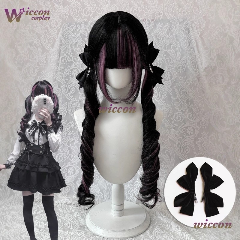 コミック ‌ 黒ウィッグ ピンク付き コスプレウィッグ 前髪 - Anime Cosplay Long Black Hair のレビューと価格